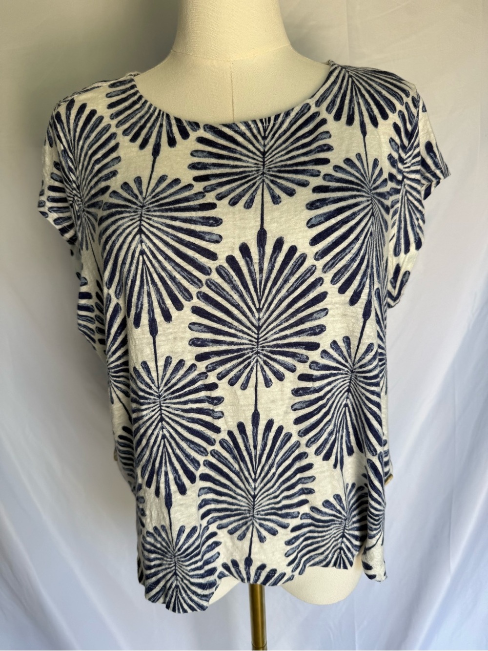 Joie 100% Linen Sunburst Botanical Palm Print Cap Sleeve Top XL Navy/White
